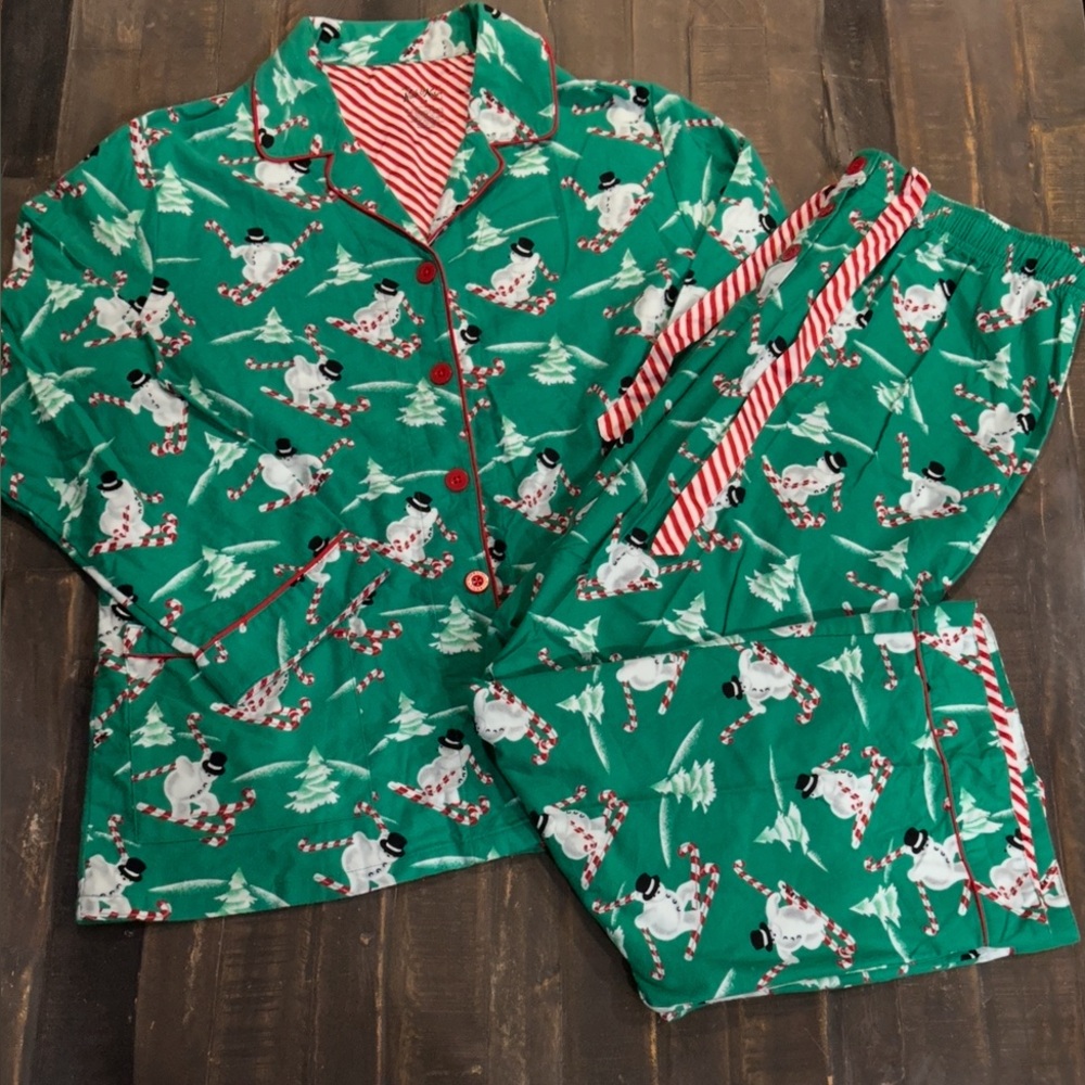 Nick & Nora Green Vintange Snowmen Ski Pajama Set